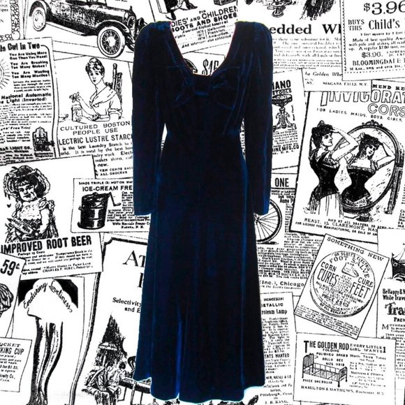 vintage blue velvet dress size medium maxi bow - Picture 1 of 9